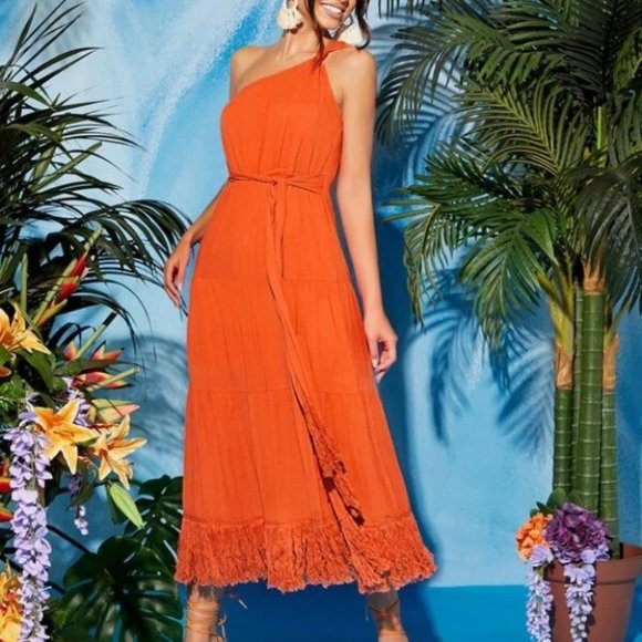 orange One Shoulder Fringe Trim Thigh split Ruffled Hem Dress - Picture 6 of 6